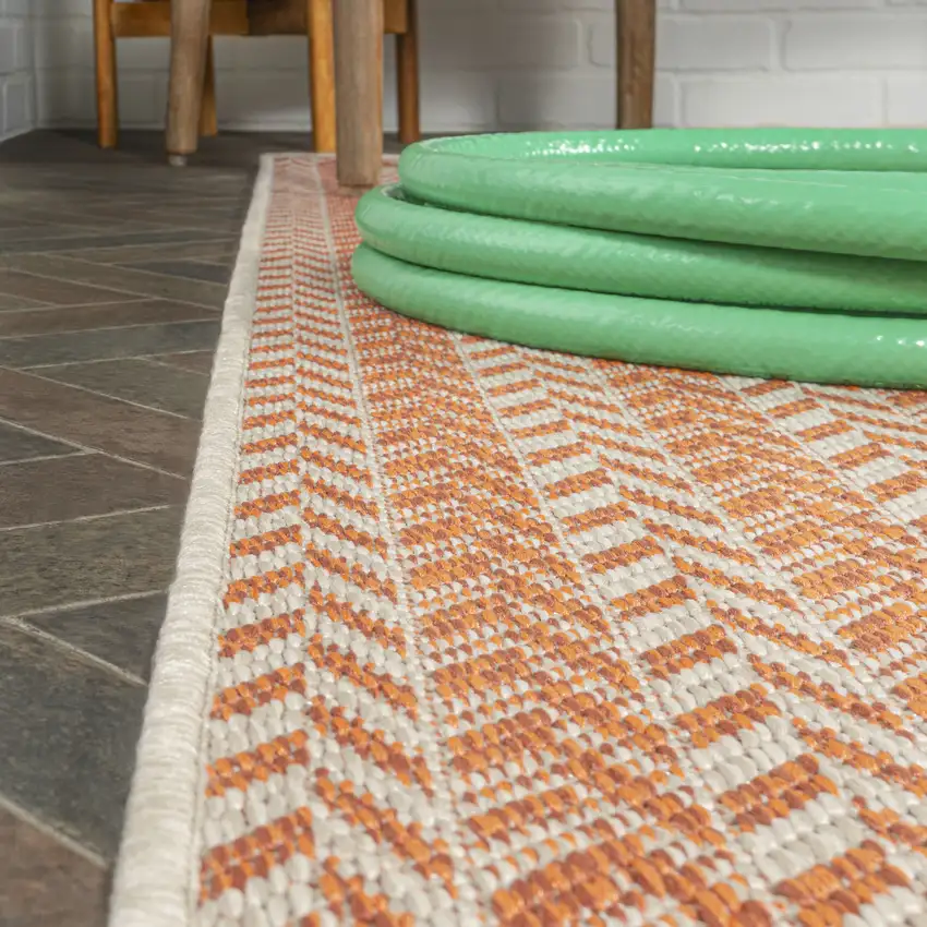 8' Orange And Cream Striped Indoor Outdoor Runner Rug Photo 7