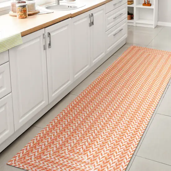 8' Orange And Cream Striped Indoor Outdoor Runner Rug Photo 6