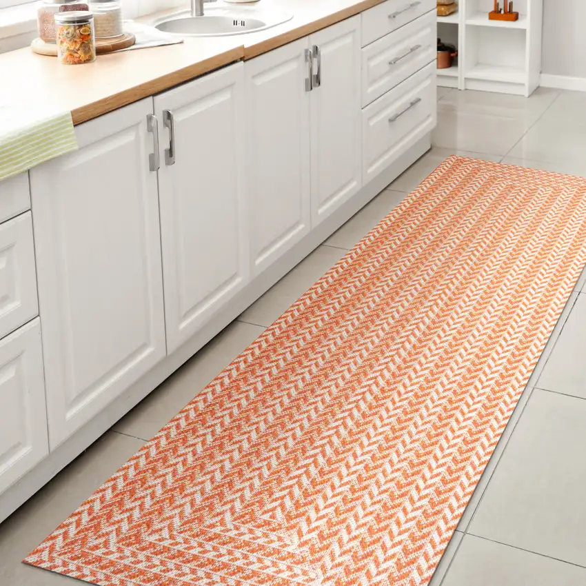 8' Orange And Cream Striped Indoor Outdoor Runner Rug Photo 6