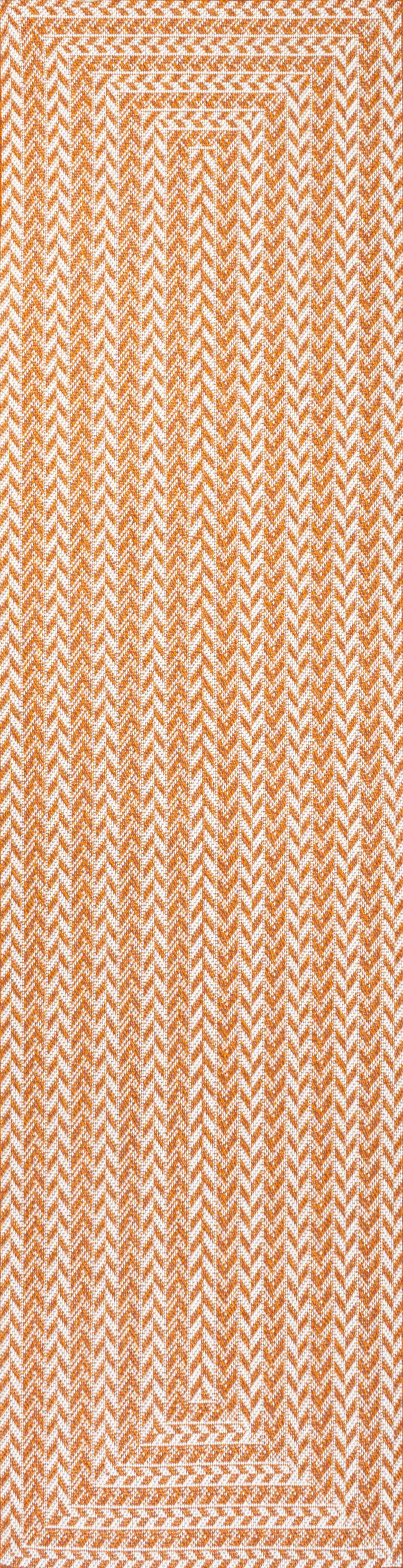 8' Orange And Cream Striped Indoor Outdoor Runner Rug Photo 1