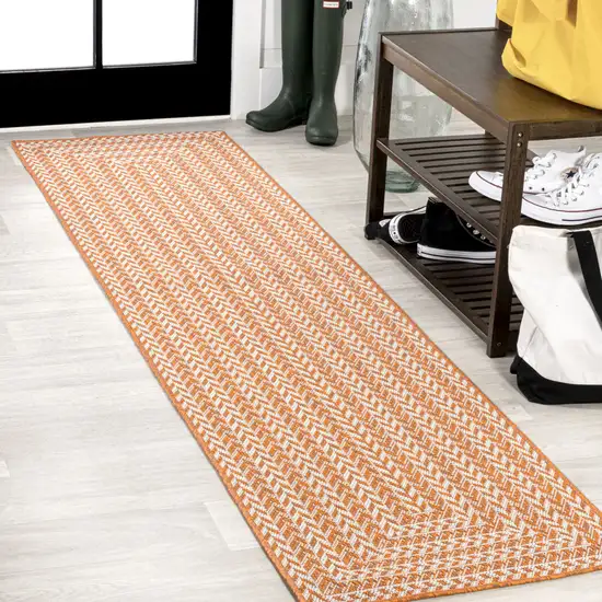 8' Orange And Cream Striped Indoor Outdoor Runner Rug Photo 4