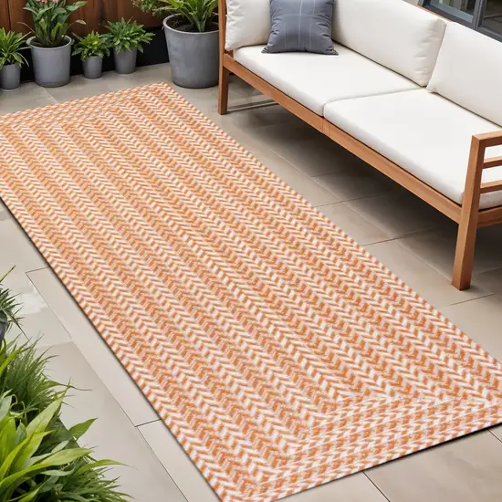 8' Orange And Cream Striped Indoor Outdoor Runner Rug Photo 1