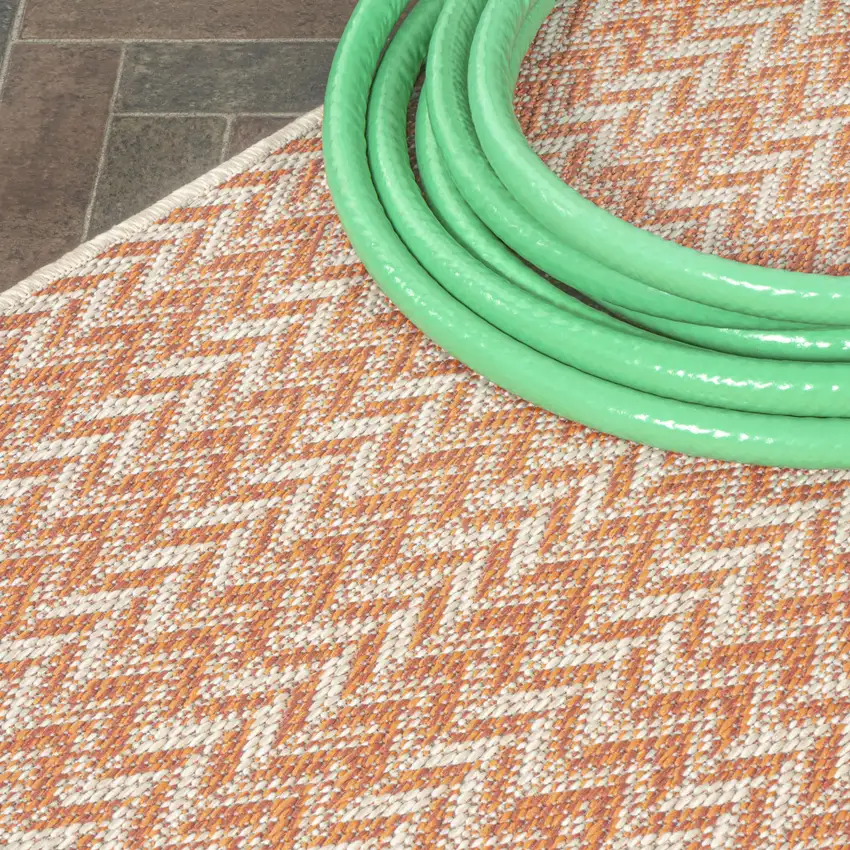 8' Orange And Cream Striped Indoor Outdoor Runner Rug Photo 7