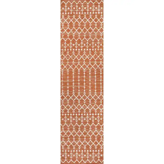 10' Orange And Cream Trellis Indoor Outdoor Runner Rug Photo 1