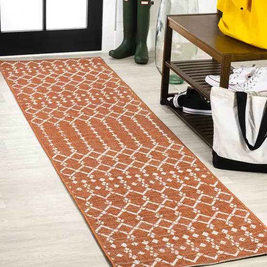 8' Orange And Cream Trellis Indoor Outdoor Runner Rug Photo 3