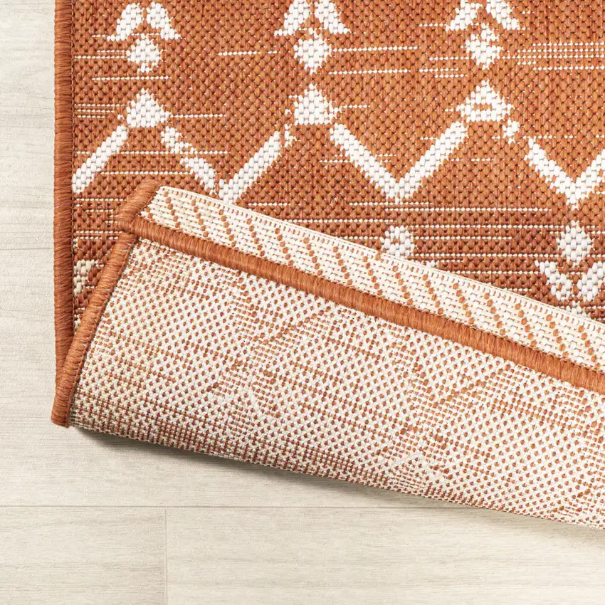 8' Orange And Cream Trellis Indoor Outdoor Runner Rug Photo 7