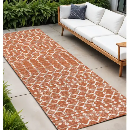 8' Orange And Cream Trellis Indoor Outdoor Runner Rug Photo 1