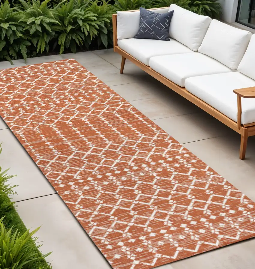 8' Orange And Cream Trellis Indoor Outdoor Runner Rug Photo 1