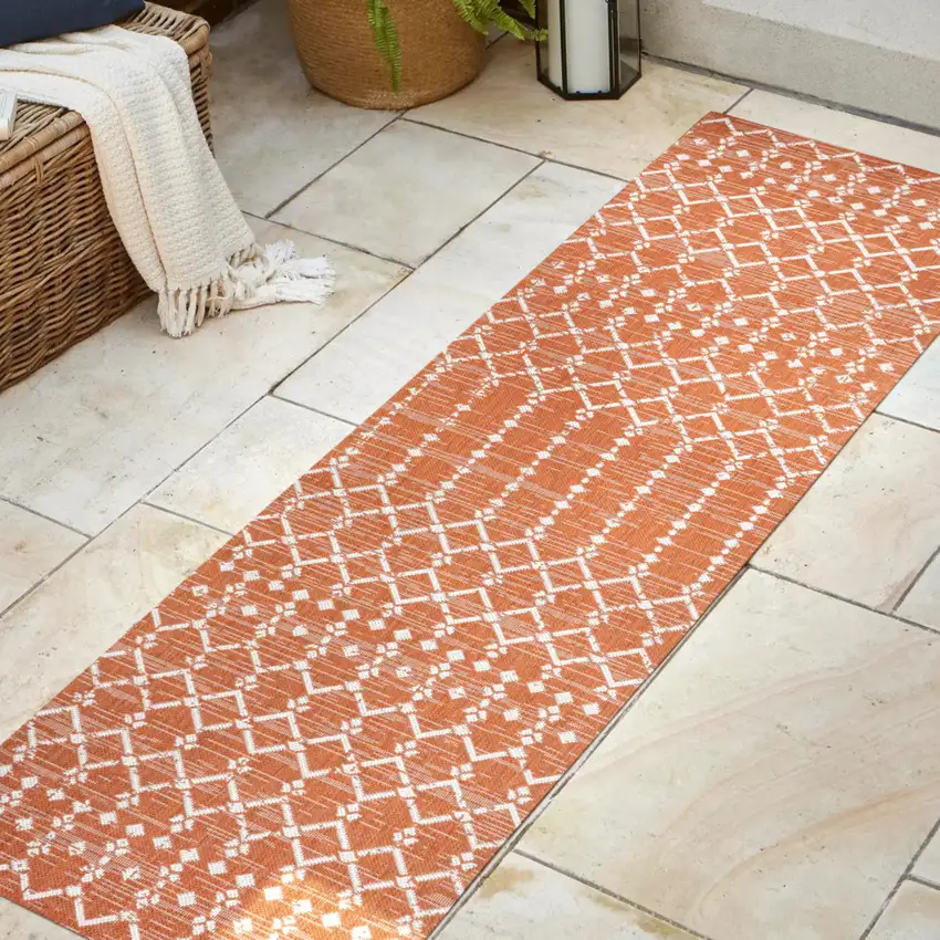 8' Orange And Cream Trellis Indoor Outdoor Runner Rug Photo 4