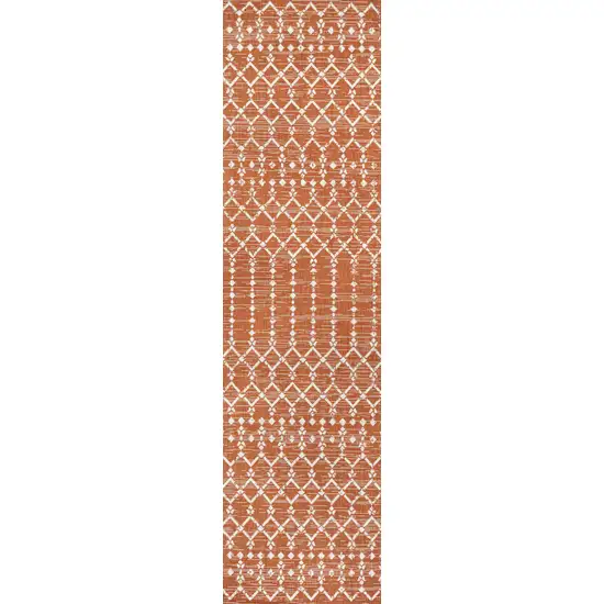 8' Orange And Cream Trellis Indoor Outdoor Runner Rug Photo 2