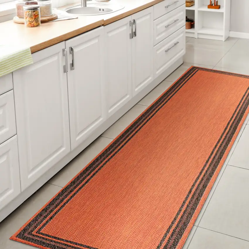 8' Orange And Dark Gray Indoor Outdoor Runner Rug Photo 5