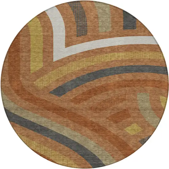 8' Orange And Gold Round Abstract Washable Indoor Outdoor Area Rug Photo 1