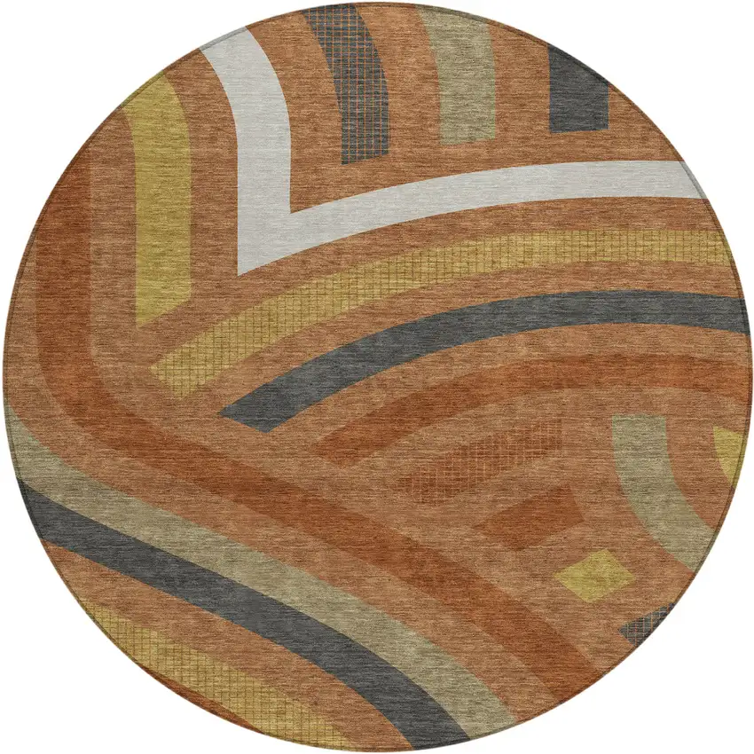 8' Orange And Gold Round Abstract Washable Indoor Outdoor Area Rug Photo 1
