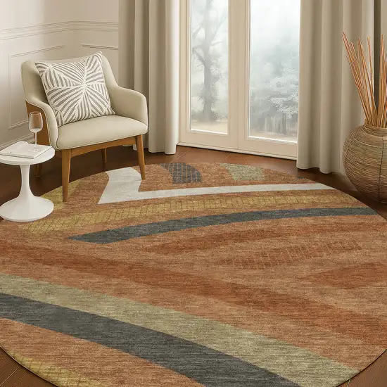 8' Orange And Gold Round Abstract Washable Indoor Outdoor Area Rug Photo 5