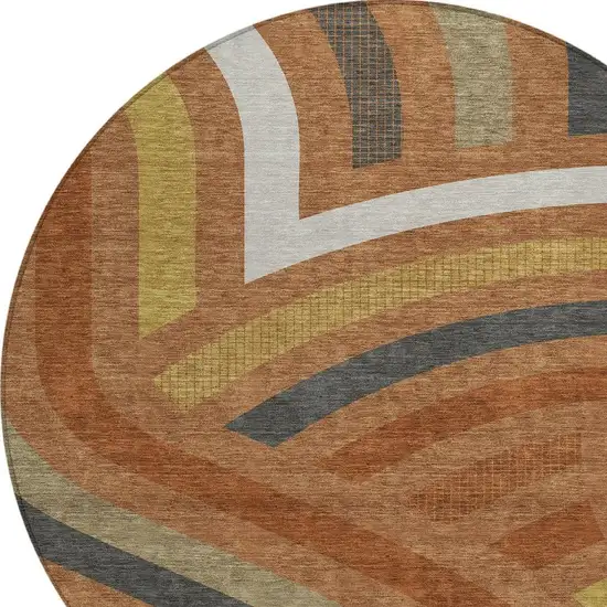 8' Orange And Gold Round Abstract Washable Indoor Outdoor Area Rug Photo 2