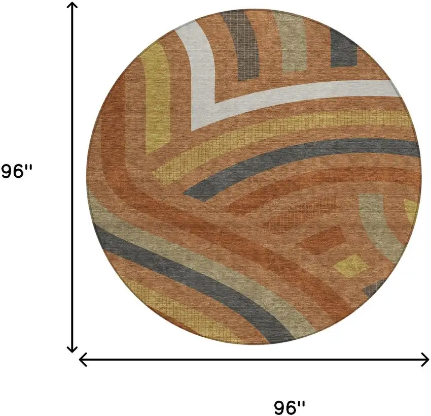 8' Orange And Gold Round Abstract Washable Indoor Outdoor Area Rug Photo 8