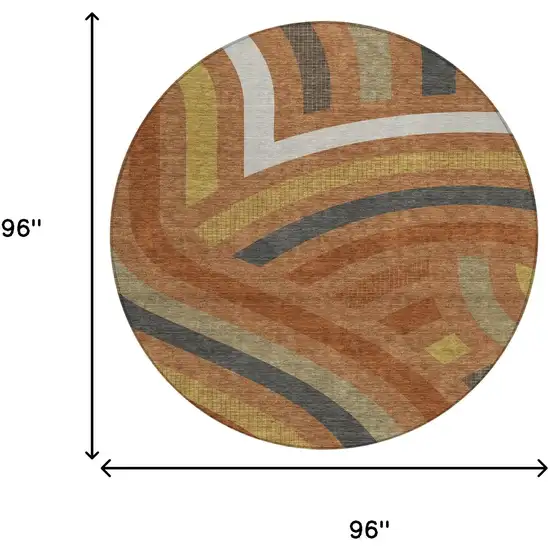 8' Orange And Gold Round Abstract Washable Indoor Outdoor Area Rug Photo 8
