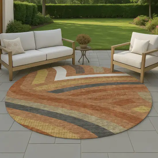 8' Orange And Gold Round Abstract Washable Indoor Outdoor Area Rug Photo 4