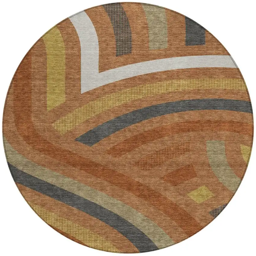 8' Orange And Gold Round Abstract Washable Indoor Outdoor Area Rug Photo 3