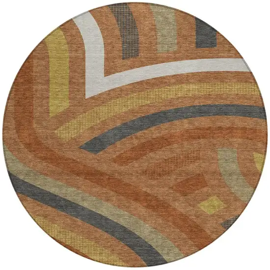 8' Orange And Gold Round Abstract Washable Indoor Outdoor Area Rug Photo 3
