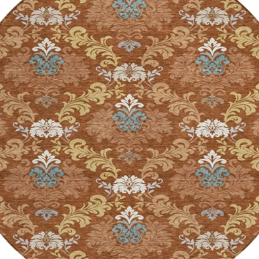 8' Orange And Gold Round Damask Washable Indoor Outdoor Area Rug Photo 2