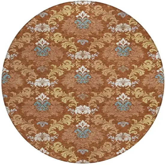 8' Orange And Gold Round Damask Washable Indoor Outdoor Area Rug Photo 3