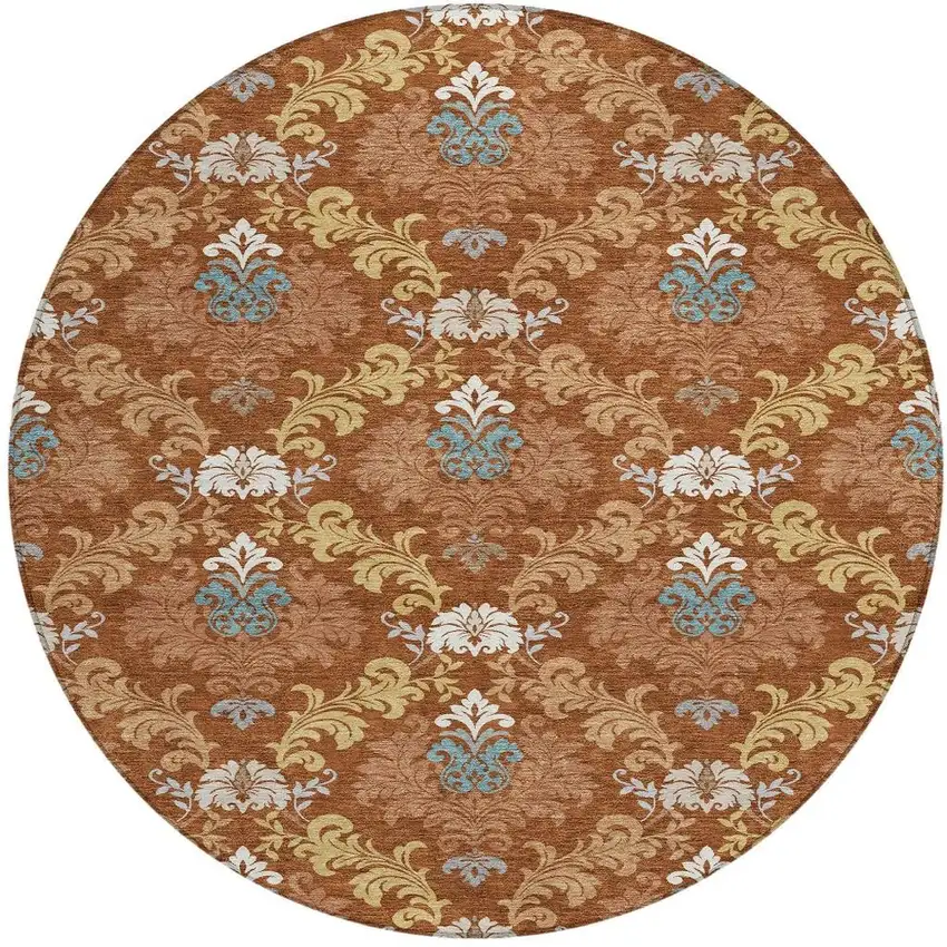 8' Orange And Gold Round Damask Washable Indoor Outdoor Area Rug Photo 3