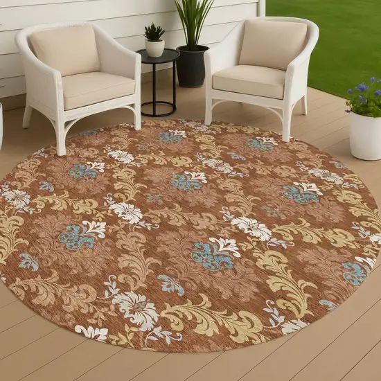 8' Orange And Gold Round Damask Washable Indoor Outdoor Area Rug Photo 4