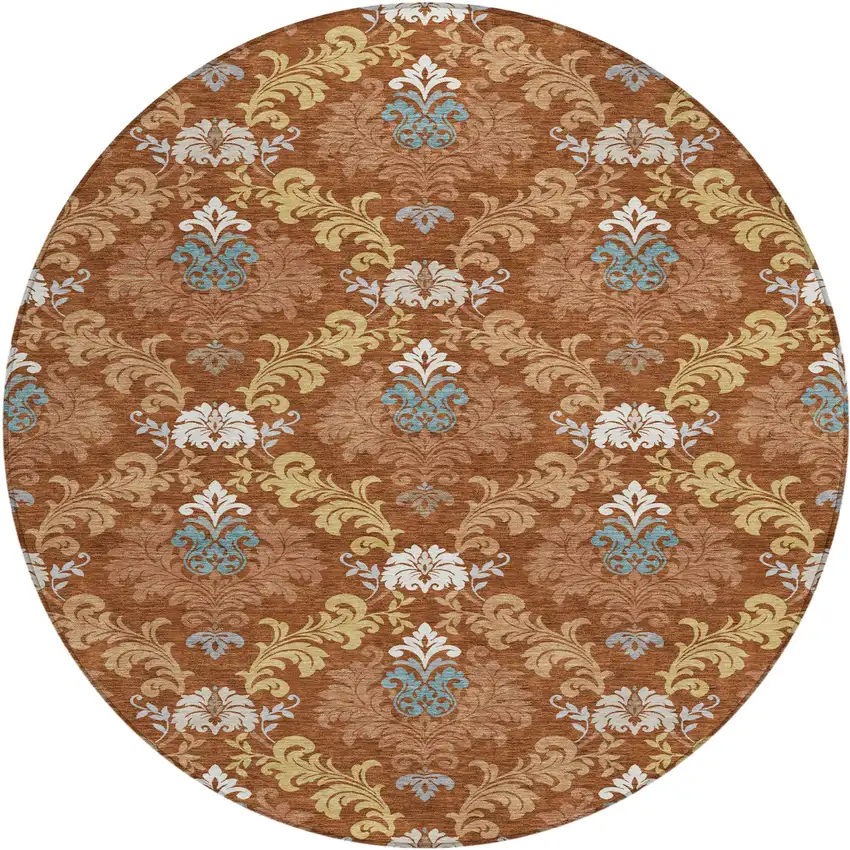 8' Orange And Gold Round Damask Washable Indoor Outdoor Area Rug Photo 1