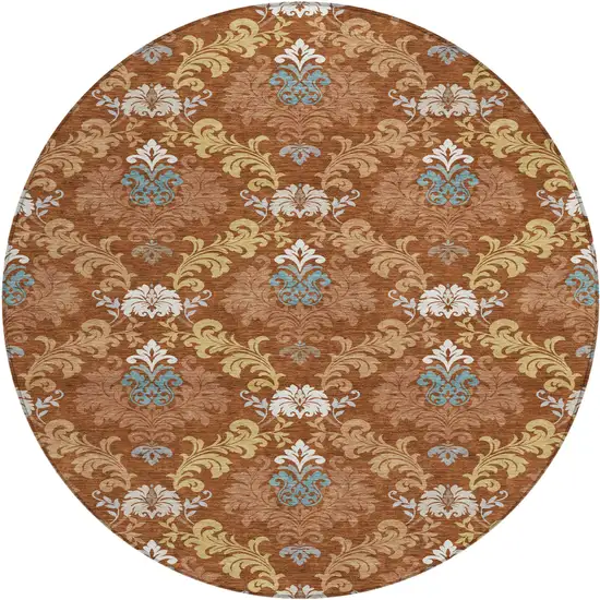 8' Orange And Gold Round Damask Washable Indoor Outdoor Area Rug Photo 1