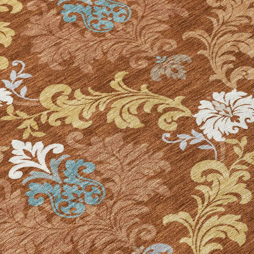 8' Orange And Gold Round Damask Washable Indoor Outdoor Area Rug Photo 7