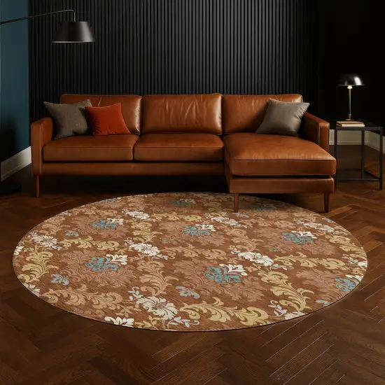 8' Orange And Gold Round Damask Washable Indoor Outdoor Area Rug Photo 5