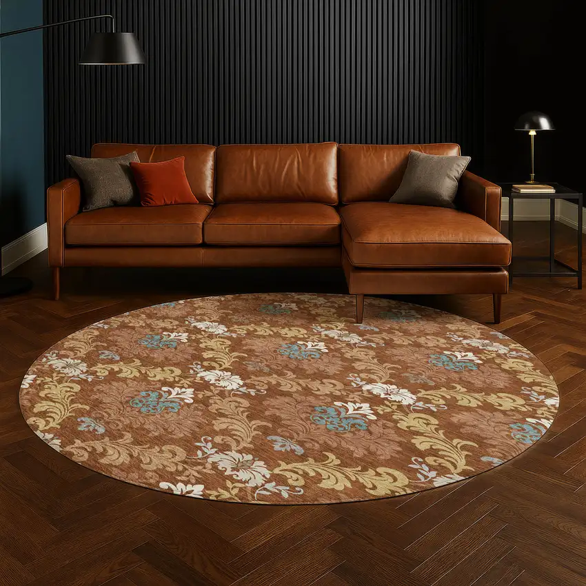 8' Orange And Gold Round Damask Washable Indoor Outdoor Area Rug Photo 5