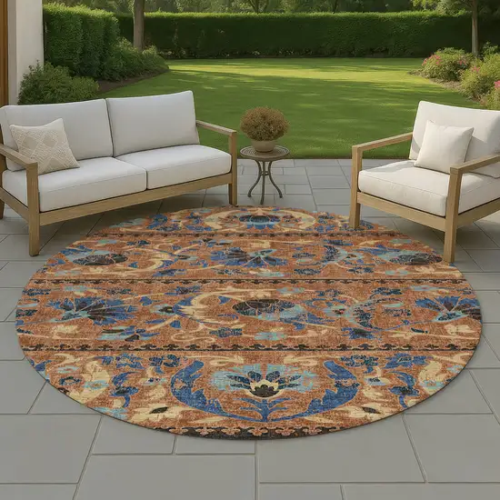 8' Orange And Gold Round Floral Washable Indoor Outdoor Area Rug Photo 4