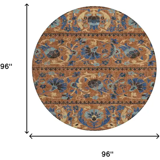 8' Orange And Gold Round Floral Washable Indoor Outdoor Area Rug Photo 8