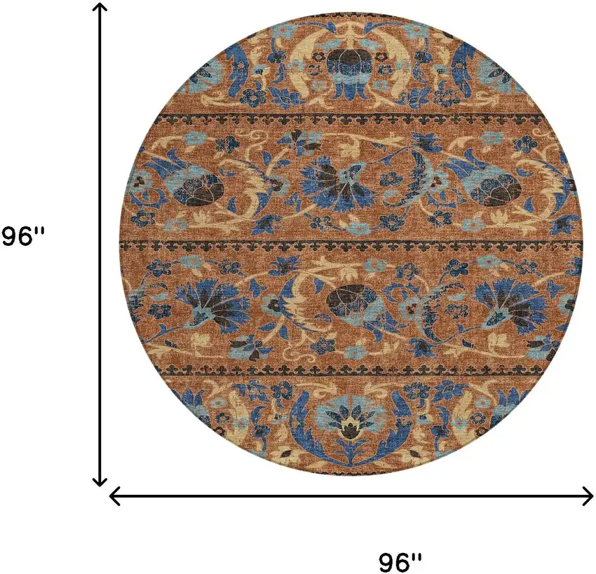 8' Orange And Gold Round Floral Washable Indoor Outdoor Area Rug Photo 8