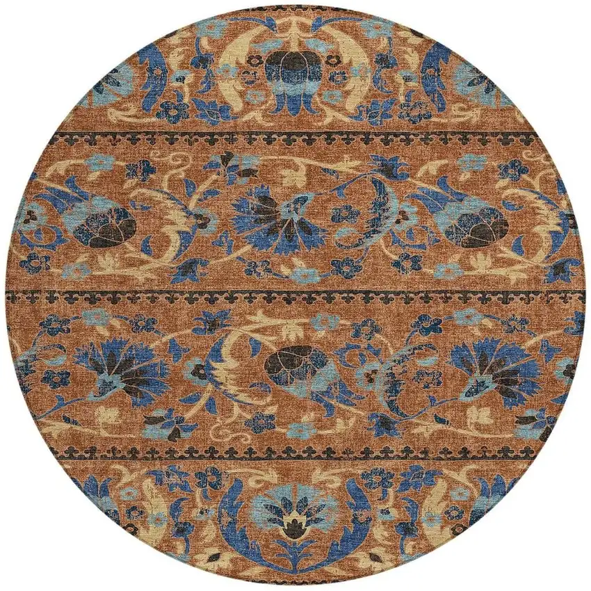 8' Orange And Gold Round Floral Washable Indoor Outdoor Area Rug Photo 3