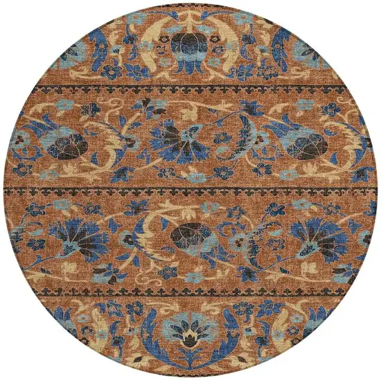 8' Orange And Gold Round Floral Washable Indoor Outdoor Area Rug Photo 3