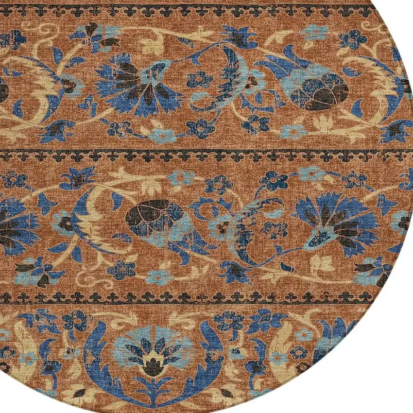8' Orange And Gold Round Floral Washable Indoor Outdoor Area Rug Photo 2