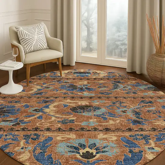 8' Orange And Gold Round Floral Washable Indoor Outdoor Area Rug Photo 5