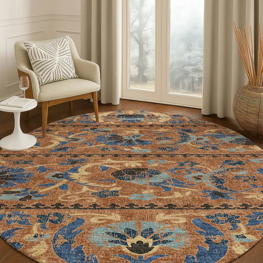 8' Orange And Gold Round Floral Washable Indoor Outdoor Area Rug Photo 5