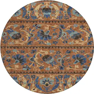 Photo of 8' Orange And Gold Round Floral Washable Indoor Outdoor Area Rug