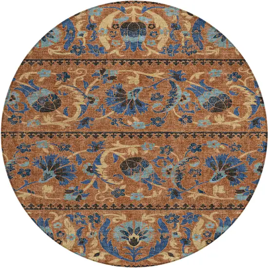 8' Orange And Gold Round Floral Washable Indoor Outdoor Area Rug Photo 1
