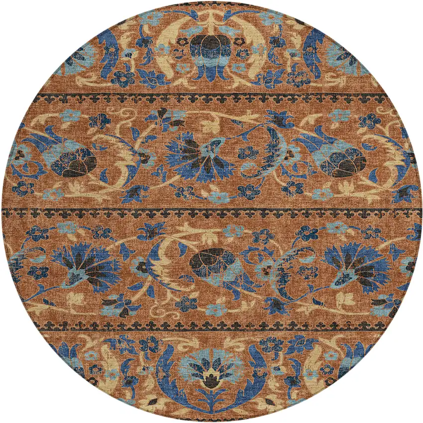 8' Orange And Gold Round Floral Washable Indoor Outdoor Area Rug Photo 1