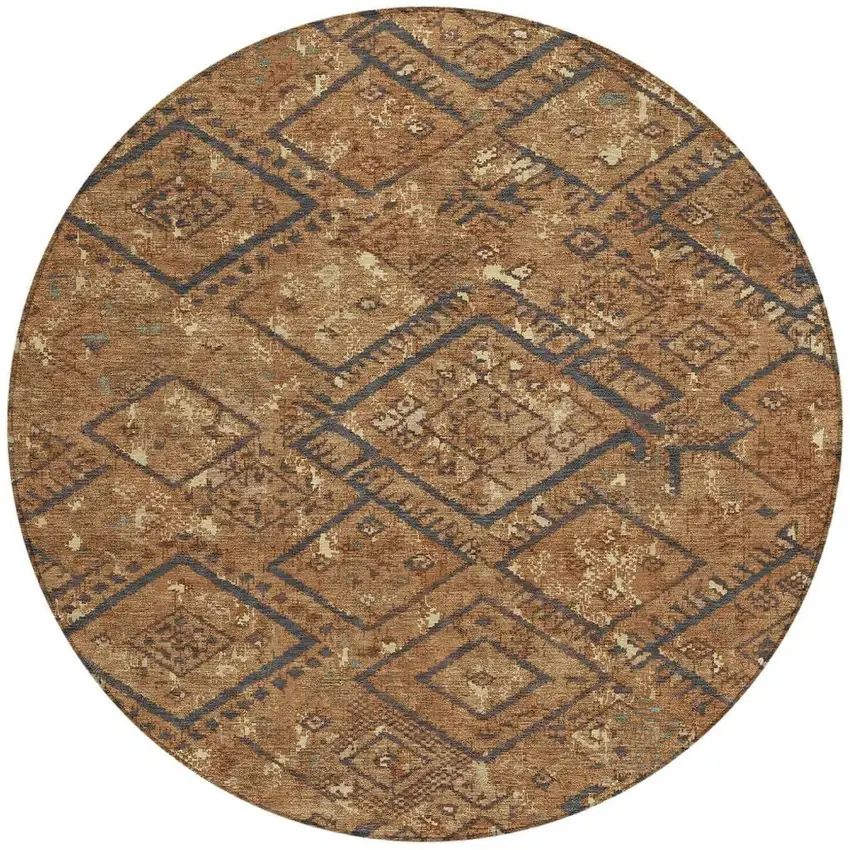 8' Orange And Gold Round Geometric Washable Indoor Outdoor Area Rug Photo 2