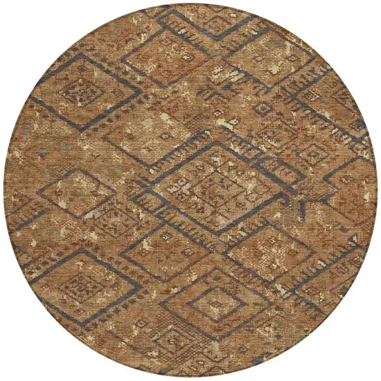 8' Orange And Gold Round Geometric Washable Indoor Outdoor Area Rug Photo 2