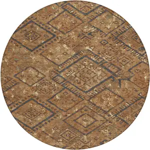 Photo of 8' Orange And Gold Round Geometric Washable Indoor Outdoor Area Rug