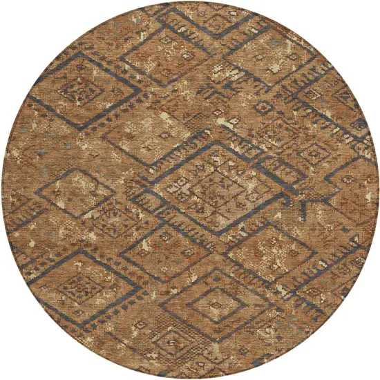 8' Orange And Gold Round Geometric Washable Indoor Outdoor Area Rug Photo 1