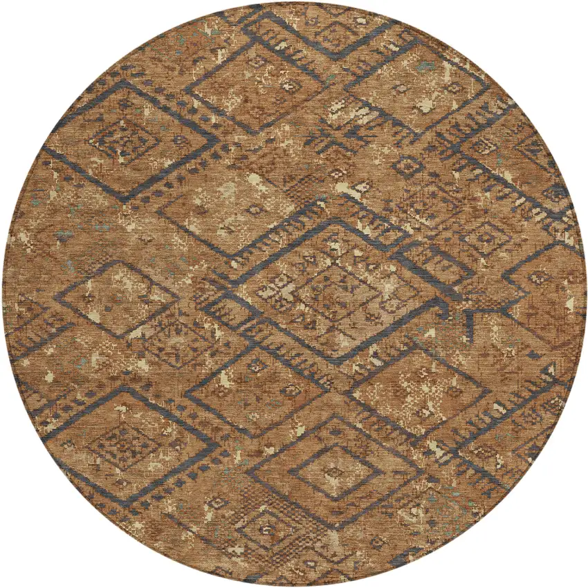 8' Orange And Gold Round Geometric Washable Indoor Outdoor Area Rug Photo 1