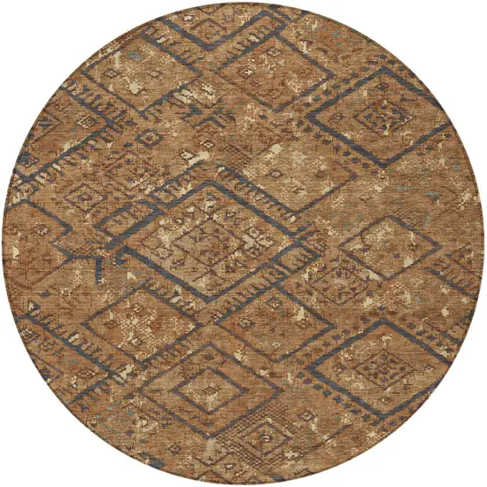 8' Orange And Gold Round Geometric Washable Indoor Outdoor Area Rug Photo 3